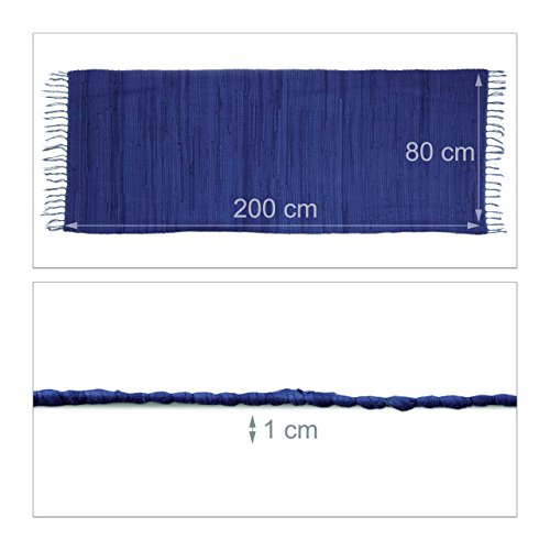 Relaxdays Flickenteppich blau 80 x 200 cm mit Fransen 100 % Baumwolle, einfarbig, Fleckerlteppich, dunkelblau - 4