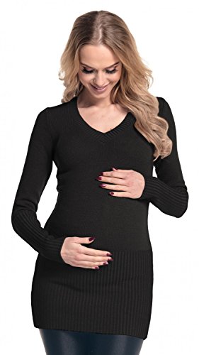 Happy Mama Women's Maternity Stretchy Knitted Tunic Jumper Pullover Sweater 907p (Black, 8/14)