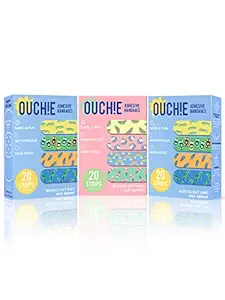 Aya Papaya Ouchie Non-Toxic Printed Bandages Combo Set Of 3 (3 X 20= 60 Pack )- (2 X Blue & 1 Pink)