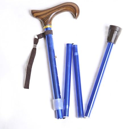 Folding Cane Adjustable Height for Men or Women - Blue Cane with Wood Derby-Style Handle Walking Stick for Reliable Mobility Support