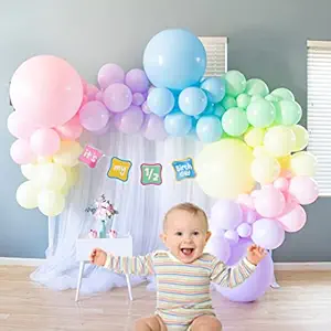 Special You half birthday decoration for baby boy , girl , 1/2 bday decor photoshoot items in Pastel Rainbow net fabric backdrop Diy Combo set with Balloon Garland arch tape, Fairy LED lights - 73 Pc Set / 6 month , half year bday