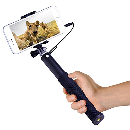 Selfie Stick,ZIZON 270 Gradi Rotazione Forma-E Selfie Stick (Nessuna Batteria Nessuna Bluetooth) Alluminio Allungabile cavo Controllo Auto Ritratto Monopiede (95CM) con Portacellulare Montecon per GoPro Hero Session Hero 4 Hero 3 +/3/2, Sony Action Cam e Smartphone,Apple iPhone 6/6 Plus/5/4, iPod,Samsung Galaxy S6/S5/S4/S3, Huawei,Note 4/3/2, LG,Sony 3,5-6 Pollici Smartphone(Nero)