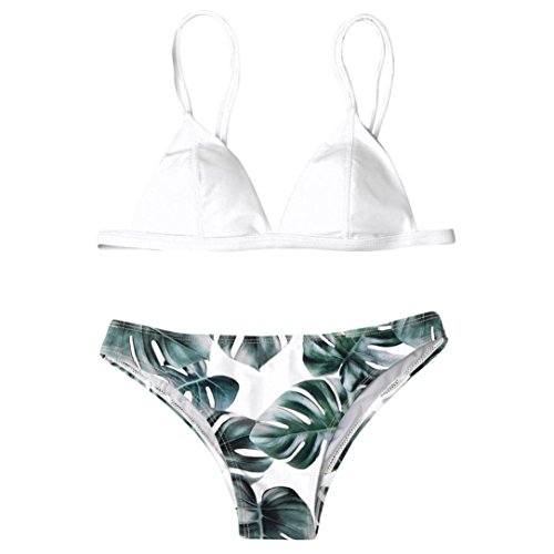 LILICAT® Conjunto de Bikini para Mujer, Parte de Arriba Bikini Push Up Básico + Tanga Bikini Playa de Hojas de Impresión Mujer, 2 PCS Traje de Baño 2018 Verano Sexy (M, Blanco)