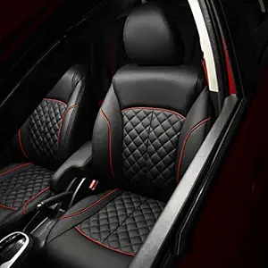 RideoFrenzy Luxury Nappa Leather Car Seat Covers | Skin Fit Tailor Made Stitching | Black Color with Red Piping | 14mm Evlon Foam (Tata Tiago)