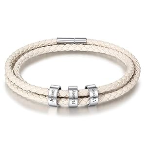XiXi Personalizado Pulsera para Hombre Cuero Pulsera Grabado con 3 Nombre Acero Inoxidable Joyería Regalo para Día de Dia del Padre Navidad