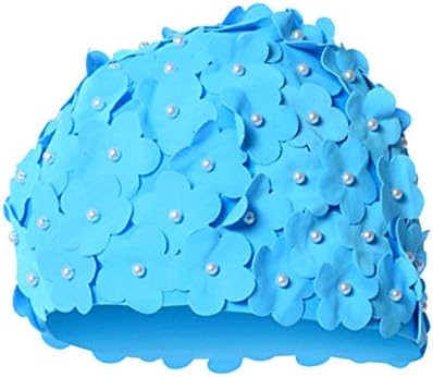 Alxcio Womens Vintage Style Handmade 3D Flowers Pearl Long Hair Swimming Cap Ladies Petal Waterproof Bathing Hat Swimwear