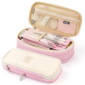 HASTHIP Large Capacity Pencil Case, Durable Storage Multiple Compartment Double Zipper Portable Capacity Pencil Pouch for College Student Teen, 22x11cm (Pink)