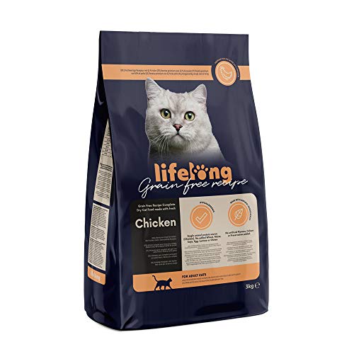Marque Amazon Lifelong Aliment pour chat adultes sans céréale, élaboré avec de la viande fraîche de poulet - 3kg