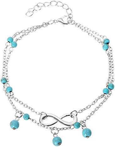 Double Anklet Boho Chain Beach Barefoot Sandal Charm Bead Ankle Bracelet (Silver)
