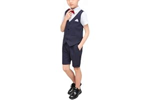 HONGBI 4 Piezas Traje Corto de Boda para Niños Verano Conjunto de Ropa de Ceremonia,Chaleco + Camisas + Pantalones Cortos + Corbata,Niños Traje de Rayas para Cumpleaños Fiesta Bautizo Comunión