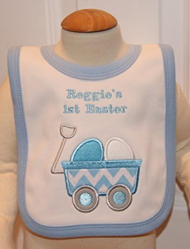Baby Boy’s Personalised 1st Easter wagon Bib (White/Blue)