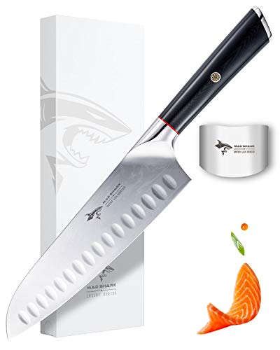 MAD SHARK Cuchillo Damasco Santoku - Cuchillos de Cocina Pro Cuchillo de Chef de 8 Pulgadas, Mango Ergonómico, Navaja de Afeitar, La Mejor Opción para Cocina Casera y Restaurante