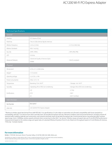 D-Link DWA-582     Tarjeta de Red Interna  WiFi AC1200 PCI-Express  Antenas externas de Alta Ganancia  Compatible Windows  Linux  WPS  encriptaci  n WPA2 