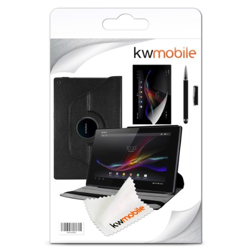 3in1 Set: kwmobile Hülle für Sony Xperia Tablet Z – 360° Standfunktion Case Tablet Schutzhülle Kunstleder – Smart Cover Tabletcase Schwarz + Folie, kristallklar + Stylus, Schwarz - 7