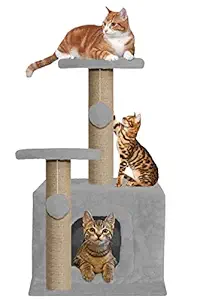 Hiputee Soft Fur Activity Cat Tree - Natural Sisal Rope, Condo with Sisal Scratching Post, Dangling Toys for Cats and Kittens (Grey)