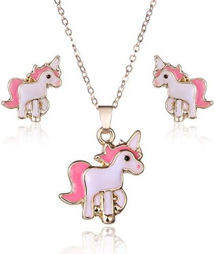Monicanine Women Girls Cute Unicorn Horse Pendant Necklace Stud Earrings Gift Jewelry Set (Pink)