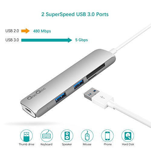 Type C Hub EgoIggo GN22A USB C Adapter USB C Kabel auf 2 Superspeed USB 3.0 Ports, 1 USB C Port mit PD, 1 SD Kartenleser und 1 MicroSD Kartenleser Aluminium Gehäuse geeignet für MacBook, MacBook Pro, Google Chromebook, Huawei Matebook (Silber) - 5