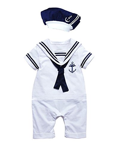 Baby Boy Girl Sailor 1pc Romper Suit with Hat (0-6 Month, White)