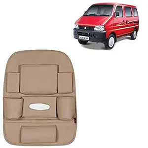 RD Universal PU Leather Car Auto Seat Back Organizer Multi Pocket Travel Storage Bag with Hangers, Tissue Paper and Bottle Holder-Beige Colour Compatible for Maruti Suzuki Eeco