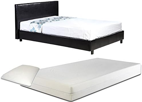 3ft Single Low Frame Black Faux Leather Bed + 8 Inch Deep Memory Foam Mattress + 1 FREE Pillow - Also available in Brown, White + Pink