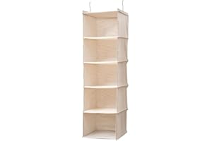 BOMEI PACK Beige Hanging Wardrobe Closet Organizer Shelves with 5 foldable Storage compartments,easy hang up with Curved Metal Hooks for storage sorting organise 1 pack