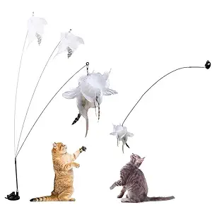 Qpets Cat Toy Cat Toys Interactive for Indoor Cat Wand Teaser Cat Feather Wand Toy Suction Cup Design