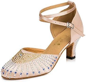 Wgwioo Womens Closed Toe High Heel Pu Leather Diamond Salsa Tango Ballroom Latin Cross Strap Dance Shoes Skin Tone . B . 36
