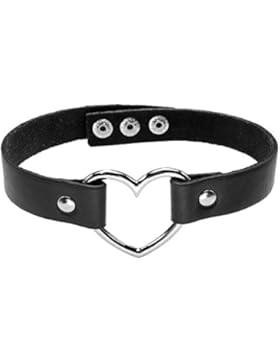 JOVIVI Schmuck,Handgefertigt Gotik Punk Lederhalsband Choker Niet Herz Sklave Kragen Halsketten Echt Leder(Schwarz)