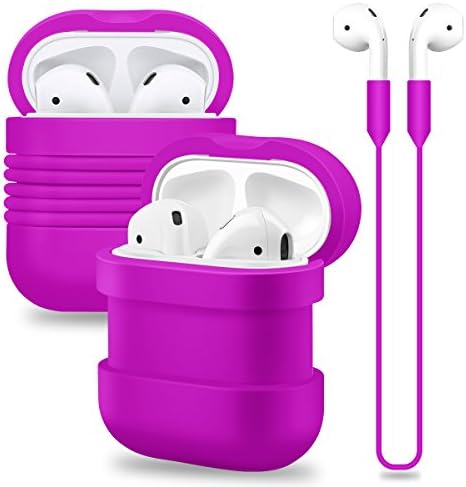 AirPods Case, Sahiyeah Soft Silicone Protective Cover Shockproof Dust proof Skin Shell with Sports Strap for Apple AirPods Charging Box,Purple