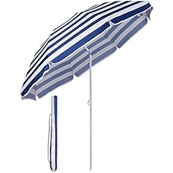 Sekey® Parasol Ø 160 cm inclinable pour Patio Jardin Balcon Piscine Plage Rayures Blanches Bleues Rond Sunscreen UV20+