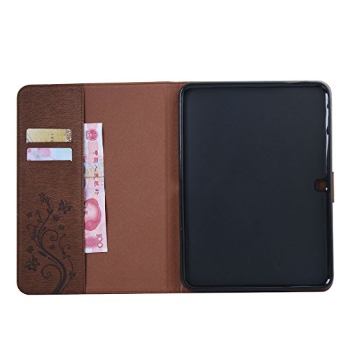 HB-Int 3 in 1 Flip PU Leder Schutzhülle für Samsung Galaxy Tab 4 SM-T530 T535 (10.1″) Brieftasche Book Style Lederhülle Standfunktion Shell Blumen Schmetterling Drucken Kreditkartenfächer Tasche Magnetverschluss Rundum Mode Braun Ledertasche Klapp Protective Wallet Case Folio Handy Etui Kunstleder Schale Pocket Holster Beschützer Haut Weich Silikon Back Case Stylus Pen + Staub Stecker - 2