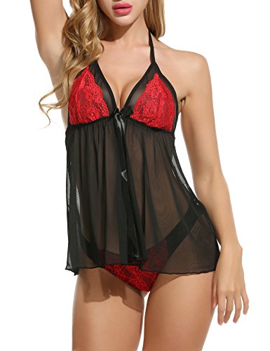 Avidlove Women Lingerie 2 Pieces Halter Sleepwear Lace Chemise See-through Babydol
