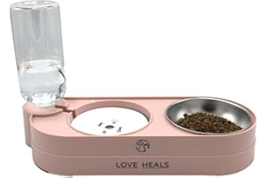 LOVE HEALS Distributore di Cibo per Gatti e Cani | Dispenser Automatico di Acqua e Ciotola per Croccantini per Animali Domestici (Rosa)