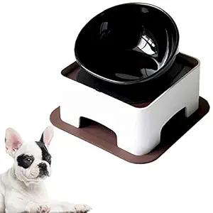 JYHY Bulldog Bowl Ceramic Dog Food Bowl - Dog Cat Dish Wide Mouth Dog Bowl Pet Sterile Tilted Pet Feeder with Anti-Skid Rubber Mat (Black Bowl Set)