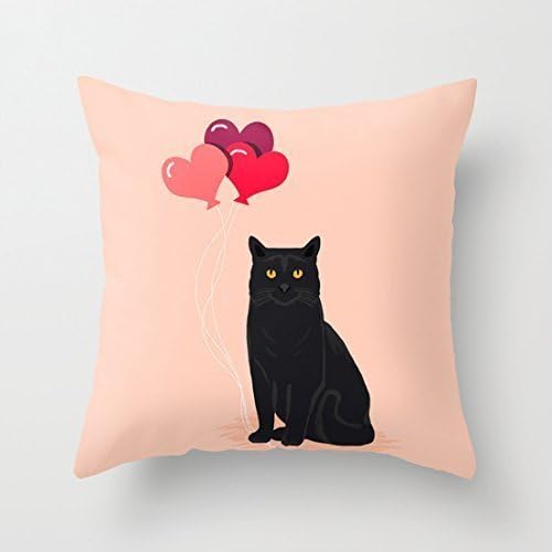 NicholasCGShopOnline C5829F Cotton Linen Decorative Throw Pillow Case Cushion Cover Black Cat Love Balloons Valentine Gifts 18 "X18 "