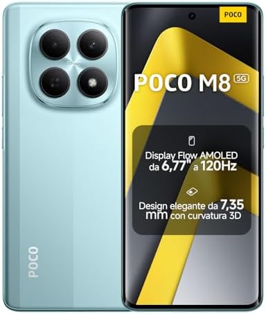 XIAOMI POCO M8 5G, Smartphone 8+512GB, Display AMOLED FIoW 6,77" 120Hz, Snapdragon® 6 Gen 3, Doppia fotocamera AI 50MP, Design curvo 3D da 7,35 mm, Verde, Garanzia 2 anni, Caricatore non incluso