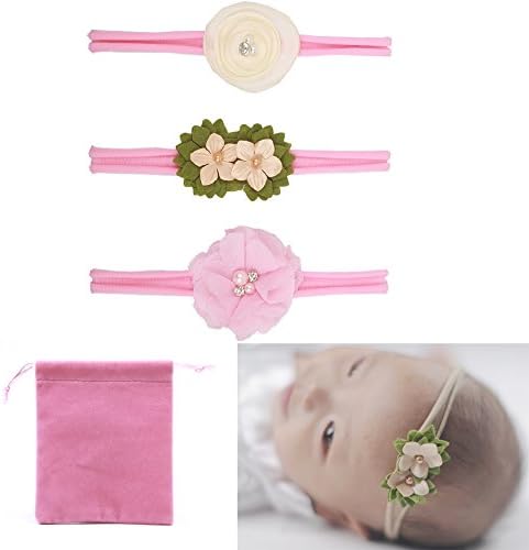 Baby Girl Flower Headbands Girl Hair Elastic Nylon Band with Hand Sewing Beads Flower 3 Pack and Gift Bag