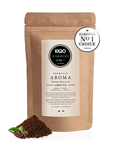 KIQO Aroma 500g Espresso | excelente café tostado premium de Italia | tostado suave en lotes pequeños | relativamente bajo en ácido y digerible | 65% Arábica y 35% Robusta (café molido, 500g)