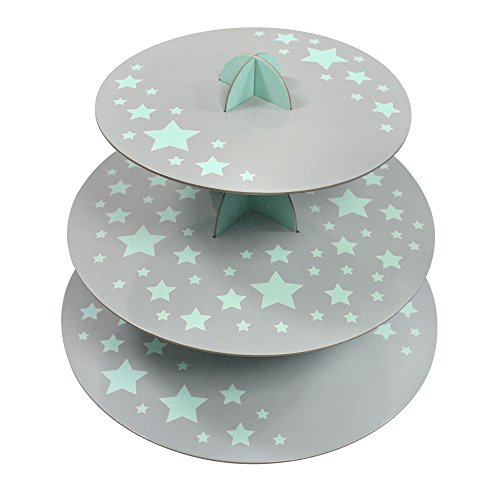 Muffinständer Frau Wundervoll aus festem Karton im Wendedesign - Seite 1 grau, türkise Sterne / Seite 2 grau-türkise Streifen - Etagere / Cupcakeständer