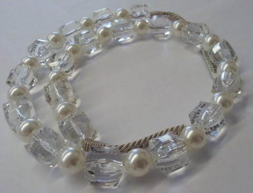 STUNNING QUALITY CREAM AND CLEAR BEADED CURTAIN VOILE LONG TIEBACK 33"