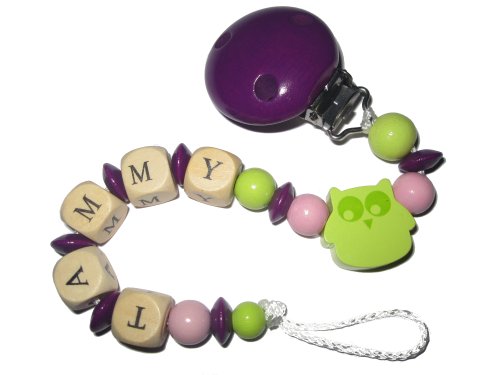 Preisvergleich Produktbild Schnullerkette mit Name EULE lila / lemon