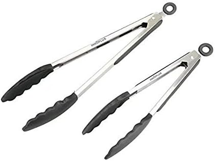 InnoPlus Tongs, Kitchen Salad Silicone Tongs Stainless Steel Locking Head Serving Tongs with Built-in Stand Non-slip for Barbecue, Grilling, Cooking - 9+12 Inch