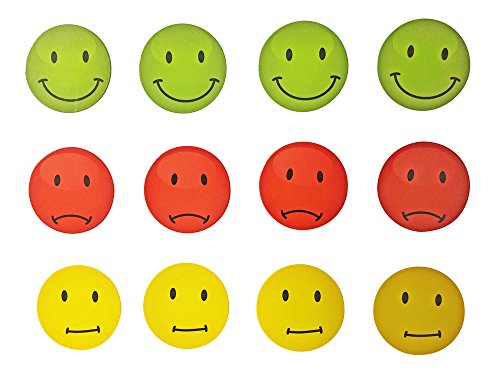 Magnete Smiley, Emoji, 12 Stück im Set, Kühlschrankmagnete, Ampel-Smileys in drei Farben, witzige gute Laune Magnete, Durchmesser jeweils 4 cm