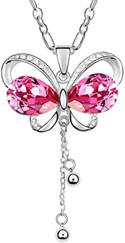 Joyfulshine Women Fashion Crystal Tassel Butterfly Shaped Pendant Long Necklace Rose Red