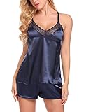 Verstellbare Spagettiträger Untlet Satin Pyjama Nachtwäsche für Damen Kurz Schlafanzüge Zweiteilige Tops mit Shorty Negligee Dessous Small Marineblau