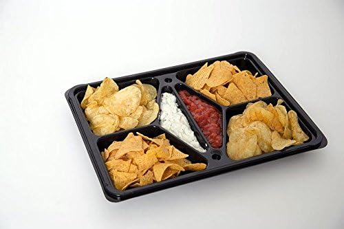 5 - Black Plastic 6 Compartment Dipping Platters Complete with Clear Plastic Lids
