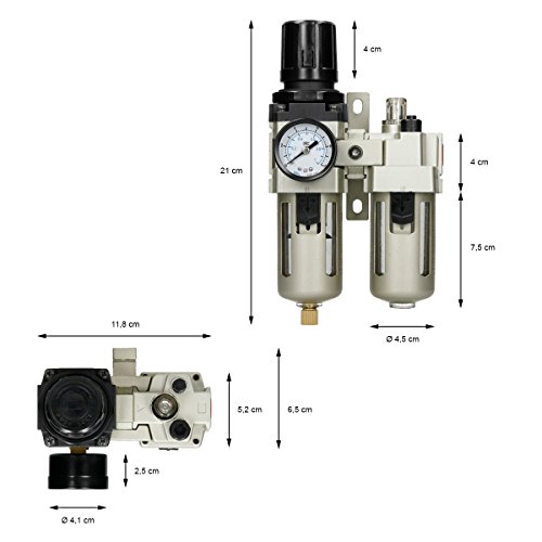 ECD Germany Druckluft Wartungseinheit Wasserabscheider Oeler 1/4″ max. Druck 10 Bar 1.0 Mpa Druckregler Druckminderer - 2