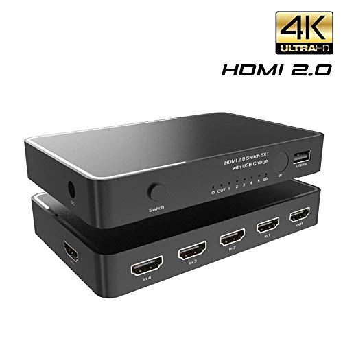 Commutateur HDMI 2.0 5x1 ENKLEN Commutateur HDMI 4K x 2K / 60Hz de qualité supérieure avec télécommande Infrarouge, Support UHD CEC HDR, HDMI 2.0, HDCP 2.2, Full HD / 3D, 1080P, DTS/Dolby (5 In1 Out)