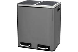 Panana Mülleimer, 2 x 15 L, 2 Fächer, Mülltrennsystem, Treteimer, Abfalleimer Küche, 15 Müllsäcke, aus Metall, Inneneimer aus Kunststoff, Klappdeckel, Schleißt sanft (1, Grüngrau)