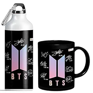 CHHAAP BTS Bangtan Boys Vogue Printed Aluminium Sports Sipper BTS Signature Army Best Gift for BTS Lovers Water Bottle and Black Coffee Mug(1 Sipper Bottle 600ml & 1 Mug 350ml)